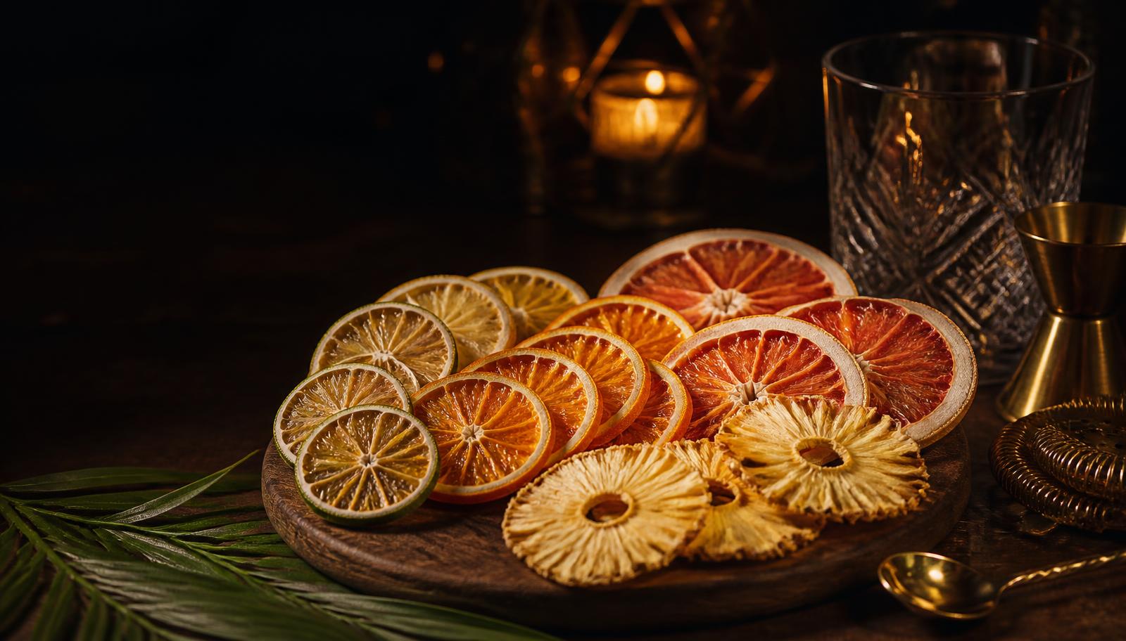 Dehydrated citrus and pineapple cocktail garnishes styled on a wooden board in a dim bar